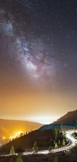 Starry night sky over a mountain road, perfect for a mobile wallpaper.