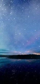 Starry night sky over a lake with reflections, perfect for a serene mobile wallpaper.