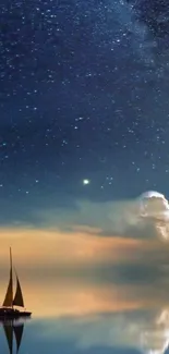 A serene night sky with stars and a calm lake reflecting a boat.