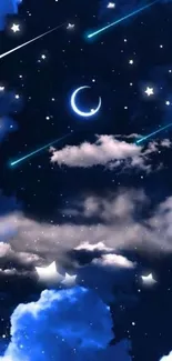 Starry night sky wallpaper with clouds and crescent moon.