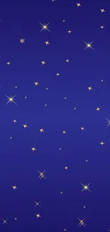 Starry night sky wallpaper with a blue background and golden stars.