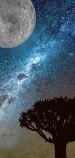 Starry night sky with moon and tree silhouette under Milky Way.