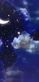 Starry night sky wallpaper with moon and clouds in dark blue hues.