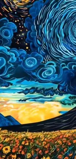 Artistic starry night sky with swirling clouds and colorful fields.