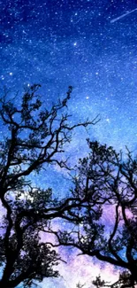 Starry night sky with silhouetted trees creating a serene mobile wallpaper.