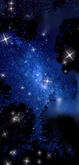 Starry night sky with sparkling stars and a dark blue background.