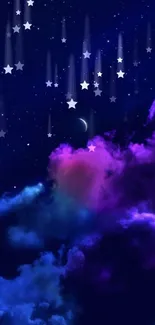 Starry night sky with purple and blue clouds and a crescent moon.