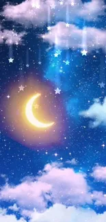 Crescent moon and stars with clouds in a night sky wallpaper.