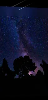 Silhouetted trees against a starry night sky with the Milky Way visible.