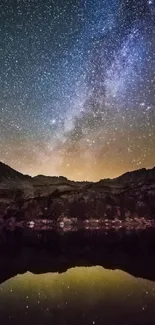 Starry night sky with Milky Way and mountains reflected in water.