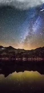 Stunning starry night sky with Milky Way over a reflective lake and mountains.