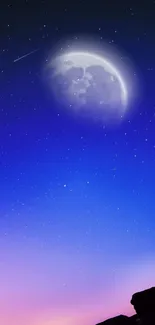 Starry night sky with crescent moon and shooting star on mobile wallpaper.