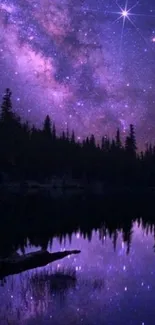 Starry night sky over a serene lake reflecting the galaxy and forest silhouette.