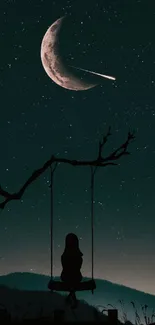 Silhouette of girl on swing under crescent moon and stars.