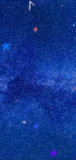 Starry night sky wallpaper with blue hues and colorful stars.