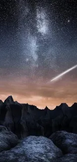 Beautiful starry night sky with meteor above mountains, perfect for wallpapers.