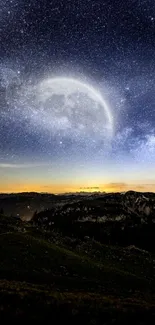 Starry night sky with crescent moon over a serene landscape wallpaper.