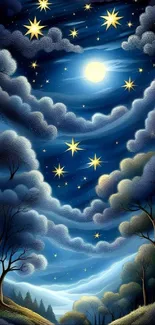 Starry night sky with moon and trees in a mystical landscape.