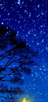 Starry night with tree silhouette, blue sky filled with shimmering stars.