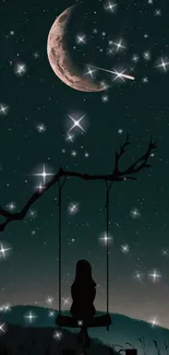 Silhouette on swing under starry sky with crescent moon.