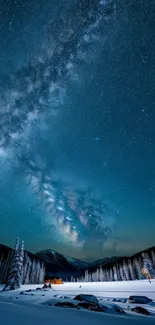 Starry night sky over snowy landscape with distant cabin.