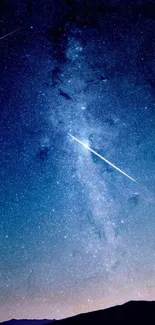 Starry night sky with Milky Way and shooting stars in a blue gradient.