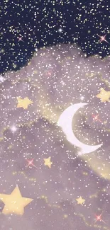 Magical night sky wallpaper with stars and crescent moon.