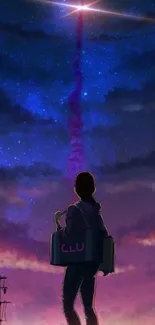 Silhouette under starry night sky with glowing mystical scene.