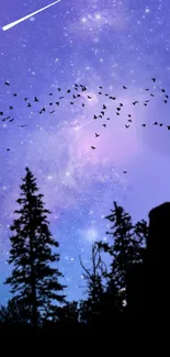 Starry night sky with trees and birds silhouetted against a purple cosmic backdrop.