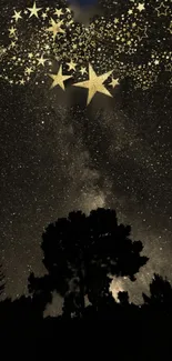 Starry night sky wallpaper with golden stars and silhouette trees.