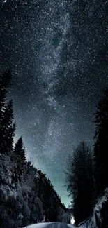 Starry night sky over a snowy forest road, creating a serene mobile wallpaper.