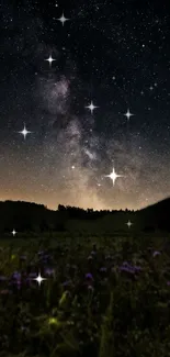 Starry night sky with Milky Way and scenic horizon.