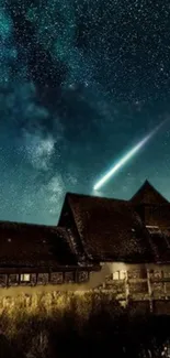 Star-filled night sky with shooting star and rustic house.