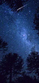 Starry night sky with silhouetted trees against a cosmic backdrop.