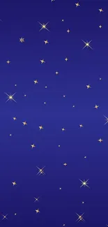 Starry night wallpaper with golden stars on a blue background.