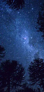 Starry night sky with silhouetted trees and Milky Way galaxy.