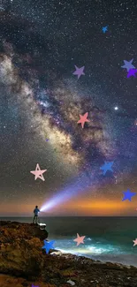 Person gazing at the starry Milky Way over a rocky coastline at night.