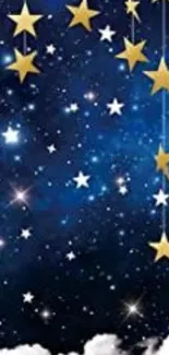 Mobile wallpaper of a starry night sky with golden stars.