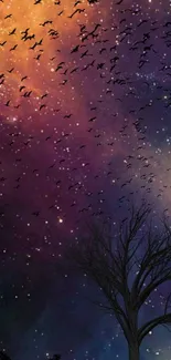 Starry night sky with birds flying over a silhouetted tree.