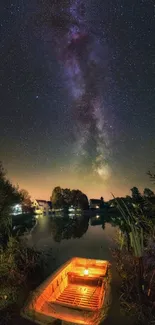 Starry night sky with a glowing boat on calm water.