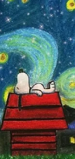 Snoopy lying on a red doghouse beneath a Van Gogh-inspired starry sky.