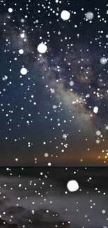 Starry night sky with snowfall over the ocean.