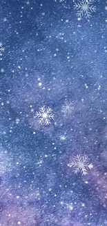 Starry night mobile wallpaper with snowflakes and dark blue galaxy background.