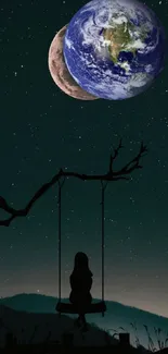 Silhouette on swing under stars with Earth and moon in view.