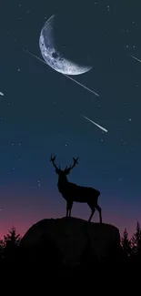 Silhouetted stag under a starry night sky with a crescent moon and shooting stars.