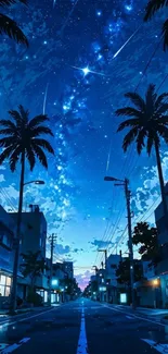 Night street scene with palm trees under a starry sky.