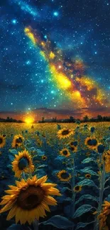 Starry night sky over a sunflower field, creating a cosmic and natural harmony.