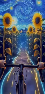 Bicycle ride through sunflowers under a starry night sky.