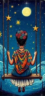 Woman on swing under starry night sky with bright stars and moon.