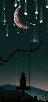 Silhouette on swing under crescent moon and starry sky wallpaper.